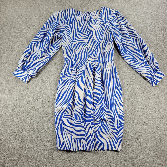 VTG Saint Laurent Dress 38 Blue White Zebra Abstract Print Puff Sleeve Pencil - Picture 1 of 12